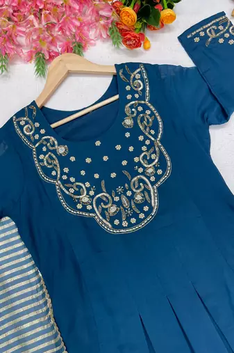 Teal Color Sequins and   Hand Work Cotton Salwar Suit 