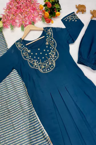 Teal Color Sequins and   Hand Work Cotton Salwar Suit 