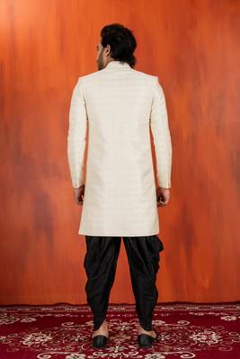 White jacquard blend closed indo western and dhoti set for men with embroidered work 4