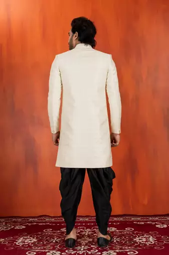 White jacquard blend closed indo western and dhoti set for men with embroidered work