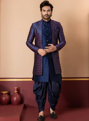 nevy blue sherwani silk blend blue kurta dhoti set for men with embroidered work 1