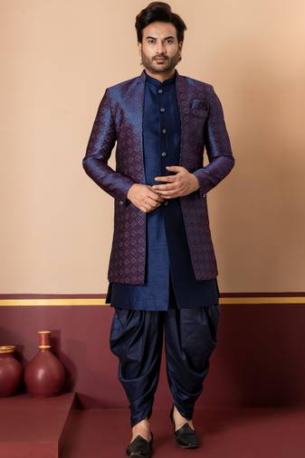nevy blue sherwani silk blend blue kurta dhoti set for men with embroidered work
