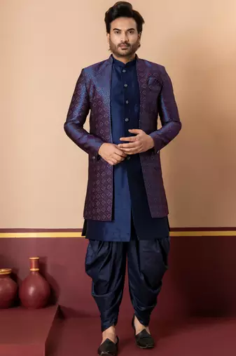 nevy blue sherwani silk blend blue kurta dhoti set for men with embroidered work