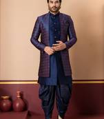 nevy blue sherwani silk blend blue kurta dhoti set for men with embroidered work