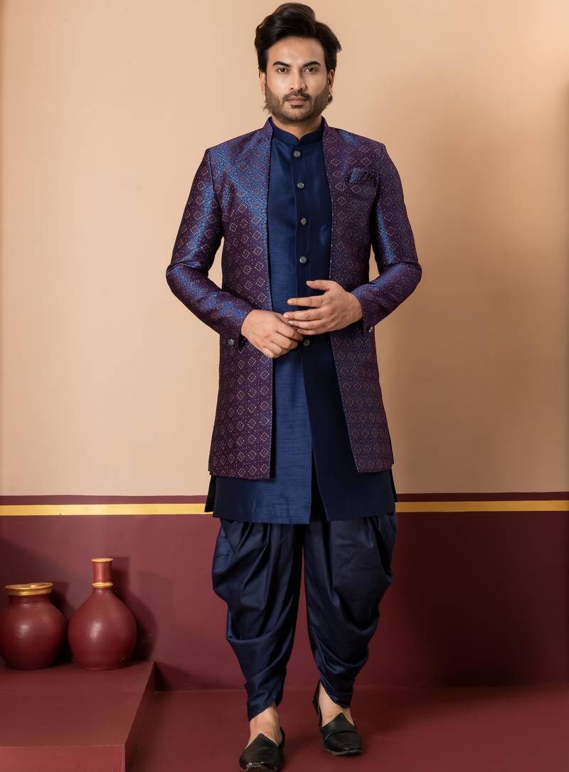 nevy blue sherwani silk blend blue kurta dhoti set for men with embroidered work