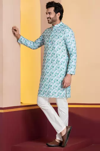 sky silk blend kurta pyjama set for men with printed work