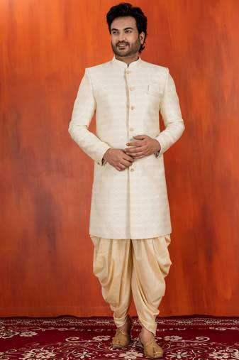White blend closed sherwani indo western and dhoti set for men with embroidered work