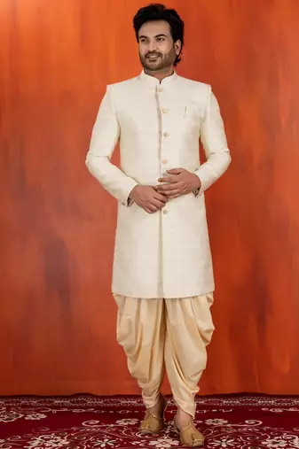 White blend closed sherwani indo western and dhoti set for men with embroidered work