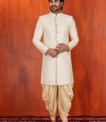White blend closed sherwani indo western and dhoti set for men with embroidered work