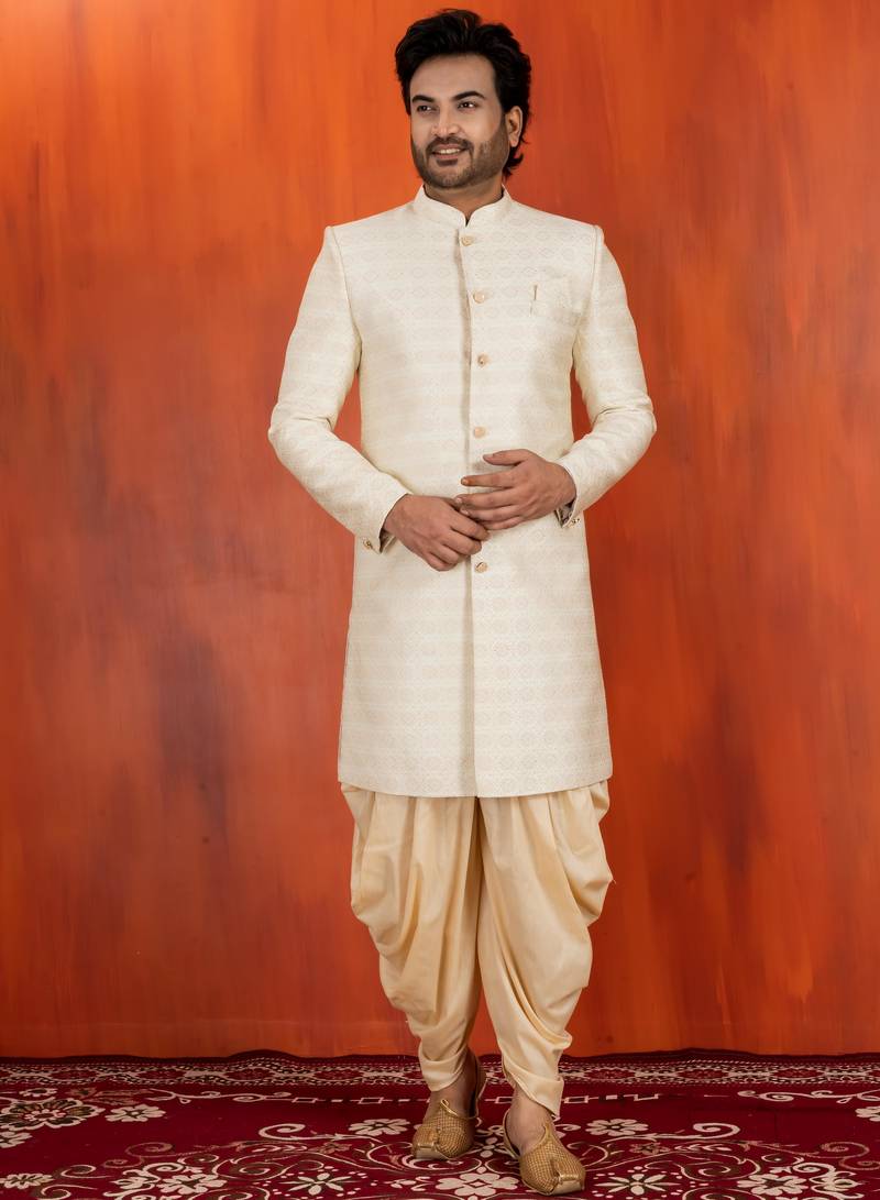 White blend closed sherwani indo western and dhoti set for men with embroidered work