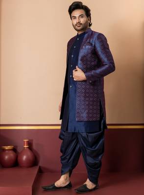 nevy blue sherwani silk blend blue kurta dhoti set for men with embroidered work 2