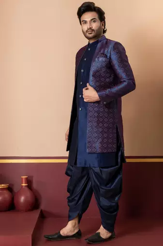 nevy blue sherwani silk blend blue kurta dhoti set for men with embroidered work