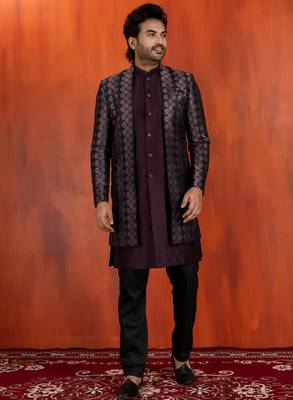 Silk blend pupale jacquard open sherwani pyjama set for men with embroidered work 1