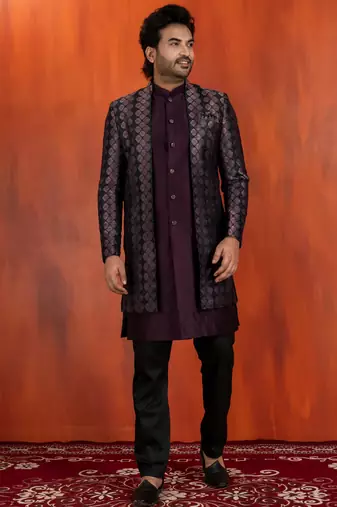 Silk blend pupale jacquard open sherwani pyjama set for men with embroidered work