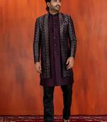 Silk blend pupale jacquard open sherwani pyjama set for men with embroidered work