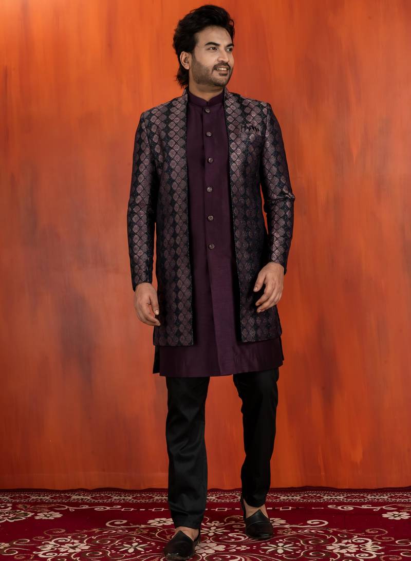 Silk blend pupale jacquard open sherwani pyjama set for men with embroidered work
