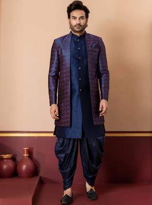nevy blue sherwani silk blend blue kurta dhoti set for men with embroidered work 3
