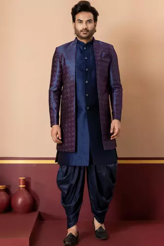 nevy blue sherwani silk blend blue kurta dhoti set for men with embroidered work