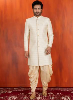 White blend closed sherwani indo western and dhoti set for men with embroidered work 2