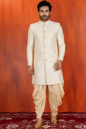 White blend closed sherwani indo western and dhoti set for men with embroidered work