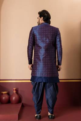 nevy blue sherwani silk blend blue kurta dhoti set for men with embroidered work 4