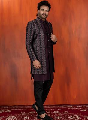 Silk blend pupale jacquard open sherwani pyjama set for men with embroidered work 2