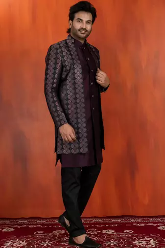Silk blend pupale jacquard open sherwani pyjama set for men with embroidered work