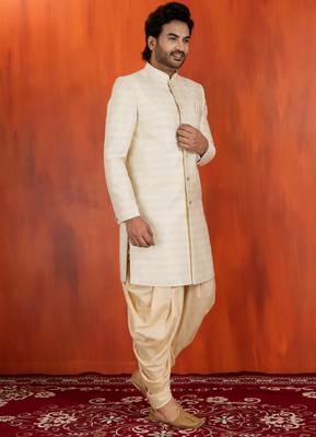 White blend closed sherwani indo western and dhoti set for men with embroidered work 3