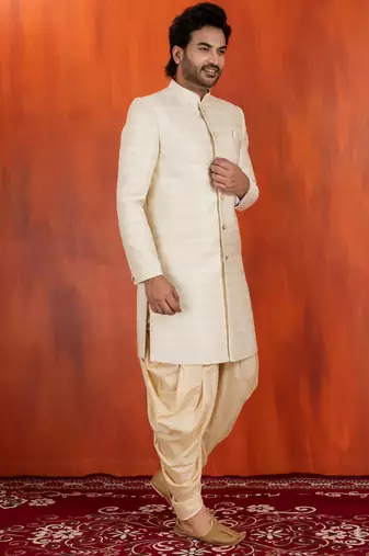 White blend closed sherwani indo western and dhoti set for men with embroidered work