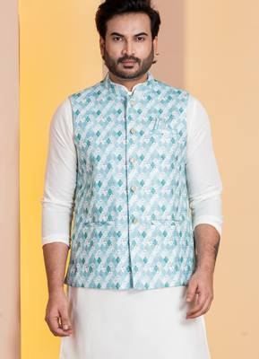 Green printed nehru jacket for men with embroidered work 1