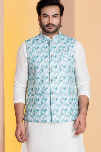 Green printed  nehru jacket for men with embroidered work