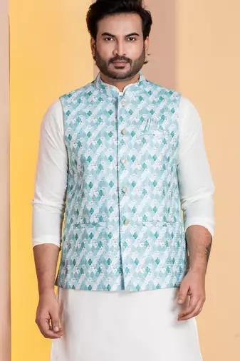 Green printed nehru jacket for men with embroidered work
