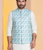 Green printed nehru jacket for men with embroidered work