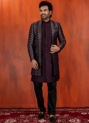 Silk blend pupale jacquard open sherwani pyjama set for men with embroidered work 3