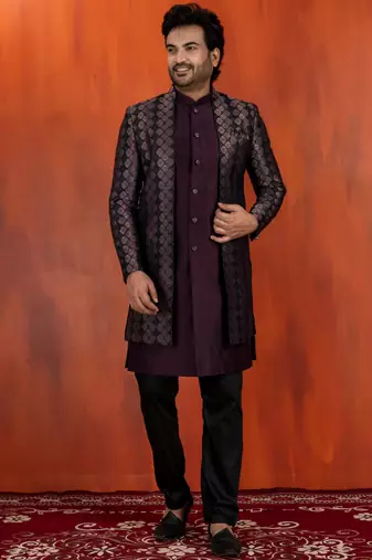 Silk blend pupale jacquard open sherwani pyjama set for men with embroidered work