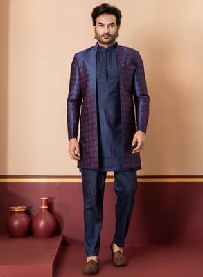 nevy blue open sherwani silk blend nevy blue kurta pyjama set for men with embroidered work 1