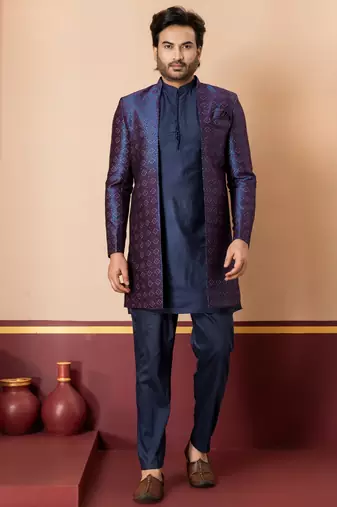 nevy blue open sherwani silk blend nevy blue kurta pyjama set for men with embroidered work