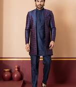 nevy blue open sherwani silk blend nevy blue kurta pyjama set for men with embroidered work