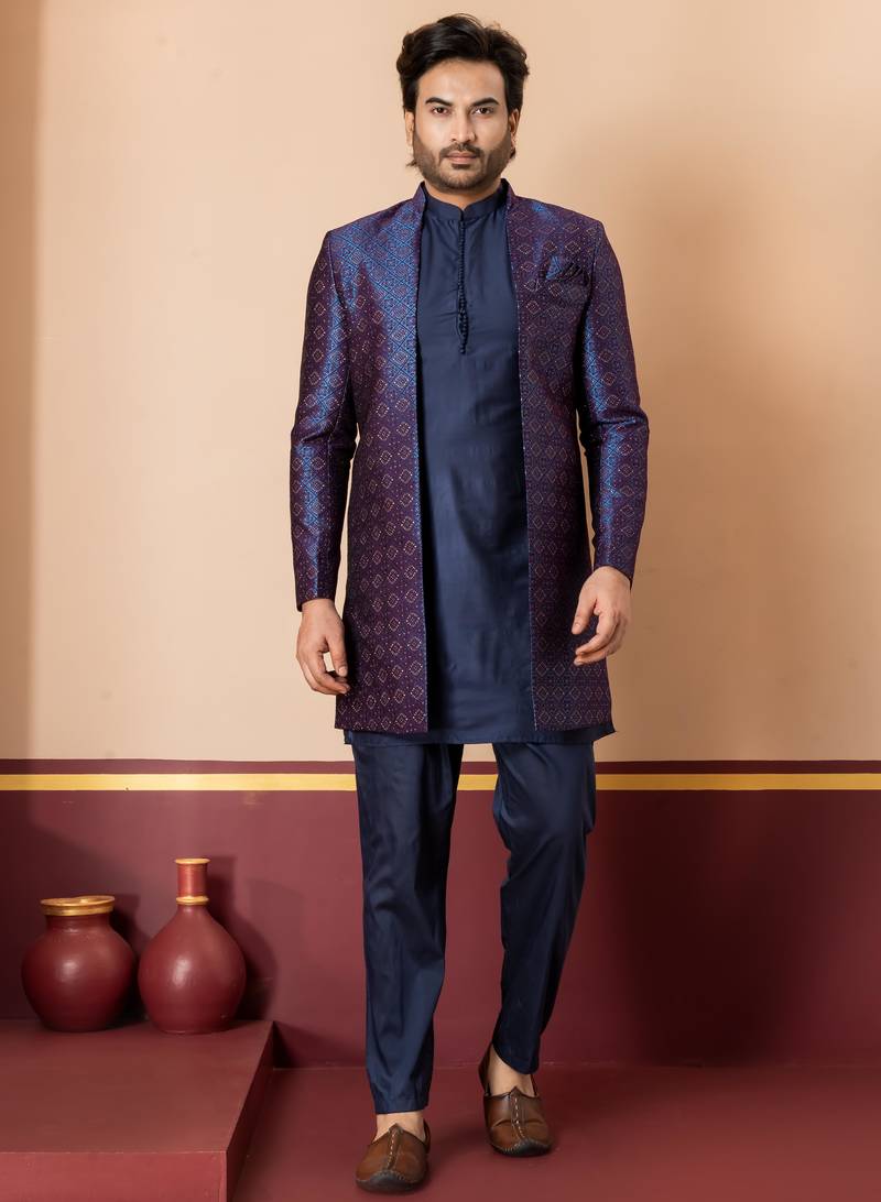 nevy blue open sherwani silk blend nevy blue kurta pyjama set for men with embroidered work