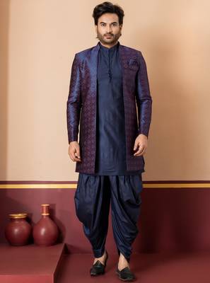 navy blue open sherwani silk blend navy blue kurta dhoti set for men with embroidered work 1
