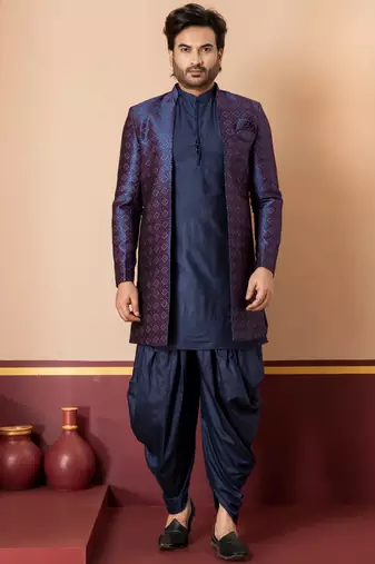 navy blue open sherwani silk blend navy blue kurta dhoti set for men with embroidered work