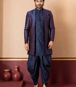 navy blue open sherwani silk blend navy blue kurta dhoti set for men with embroidered work