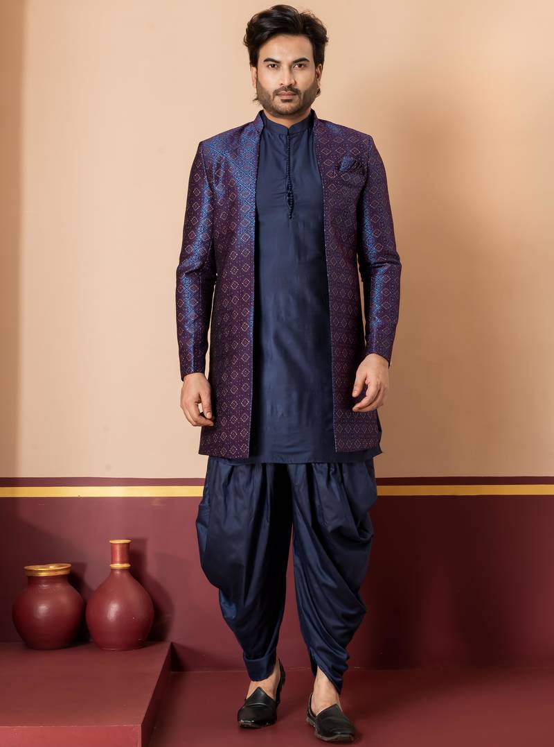 navy blue open sherwani silk blend navy blue kurta dhoti set for men with embroidered work