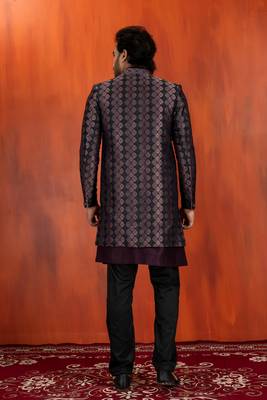 Silk blend pupale jacquard open sherwani pyjama set for men with embroidered work 4