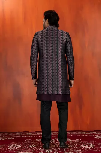Silk blend pupale jacquard open sherwani pyjama set for men with embroidered work