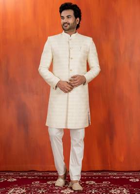 White blend closed sherwani indo western and pyjama set for men with embroidered work 1