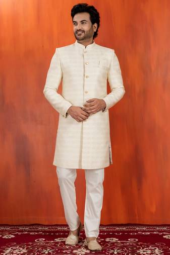 White blend closed sherwani indo western and pyjama set for men with embroidered work