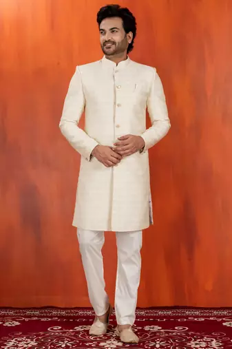 White blend closed sherwani indo western and pyjama set for men with embroidered work