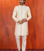 White blend closed sherwani indo western and pyjama set for men with embroidered work