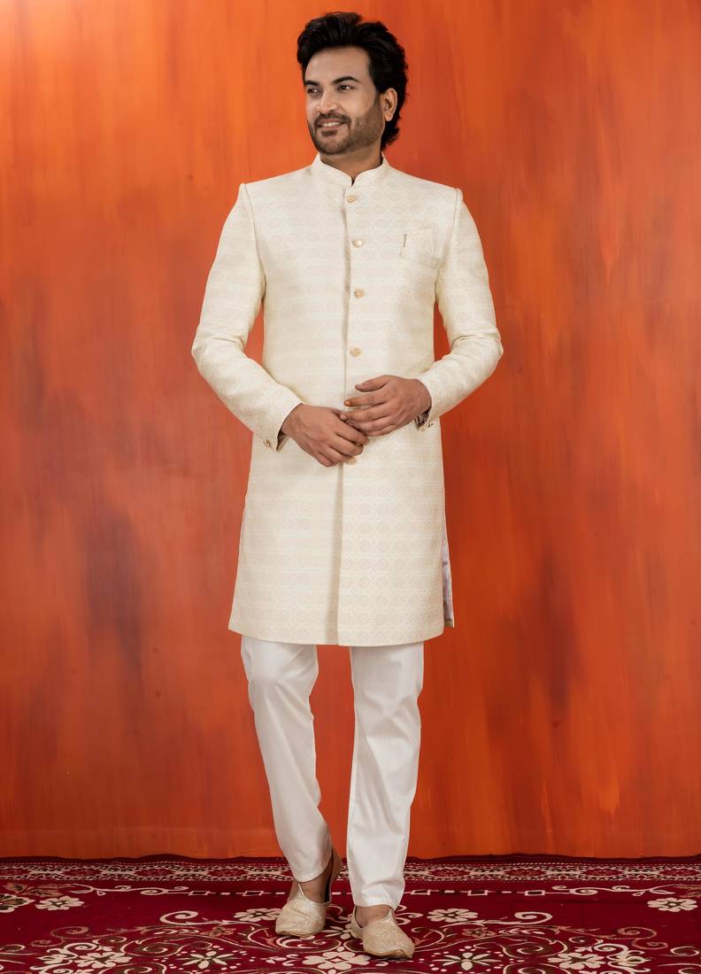 White blend closed sherwani indo western and pyjama set for men with embroidered work